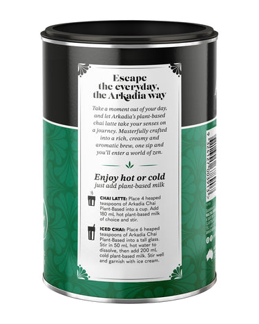 back of  arkadia plant based chai